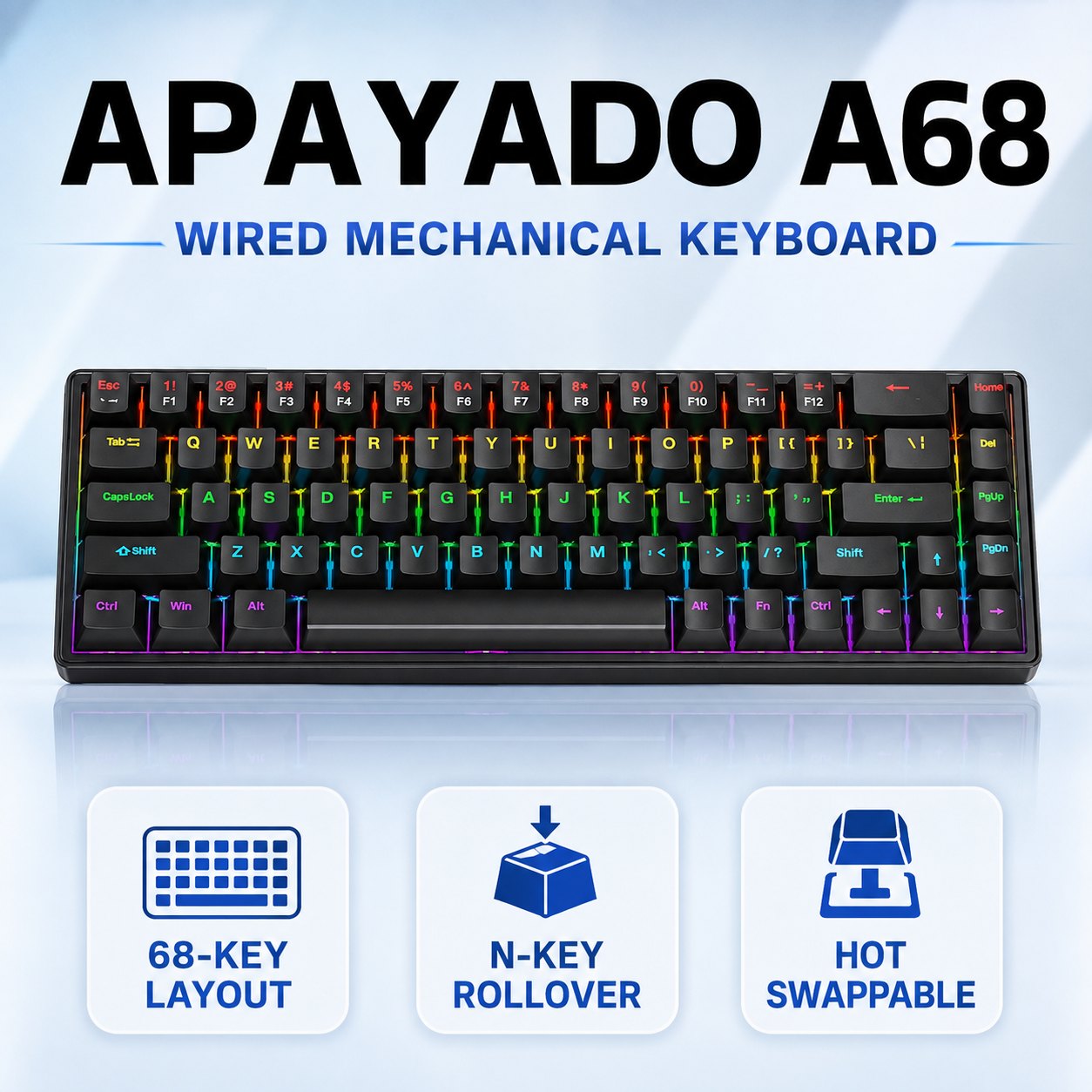 Gaming Keyboard Blue Switches - Clavier mécanique filaire APAYADO A68, remplaçable